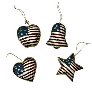 Patriotic Metal Christmas Ornaments - Set of 4 - Bell, Apple, Heart & Star paint